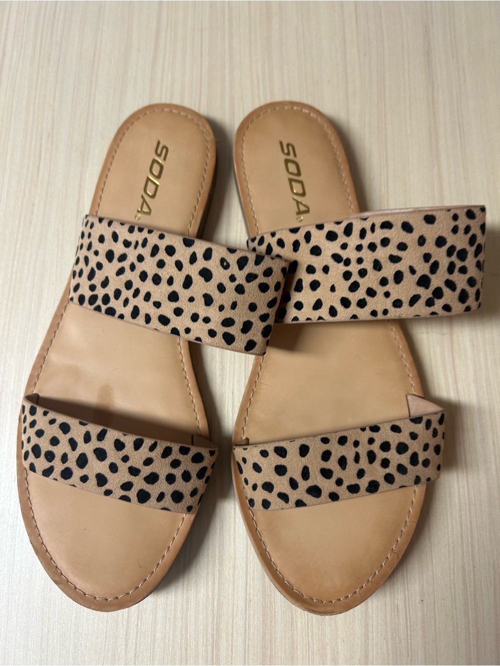 Soda Leopard Print Double-Strap Slide Sandals in Tan and Black